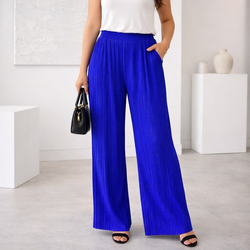Donna Karan New York Pleated Wide Leg Pants Blue Flowing Pull On NWT Medium